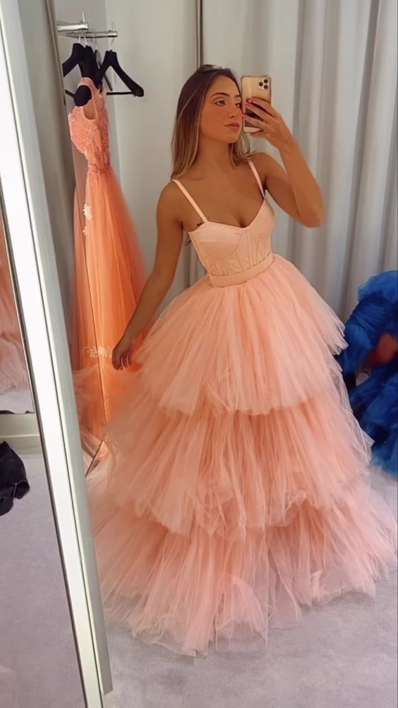 Spaghetti Straps Tulle Evening Dress Peach Senior Prom Dress