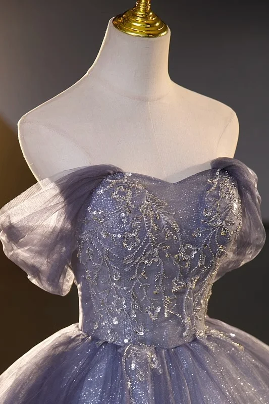 Blue Off The Shoulder Sequins Tulle Evening Dress Sweet 16 Dress