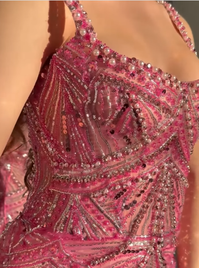 Gorgeous Pink Spaghetti Straps Sequin Beaded Long Evening Dress Formal Party Gown