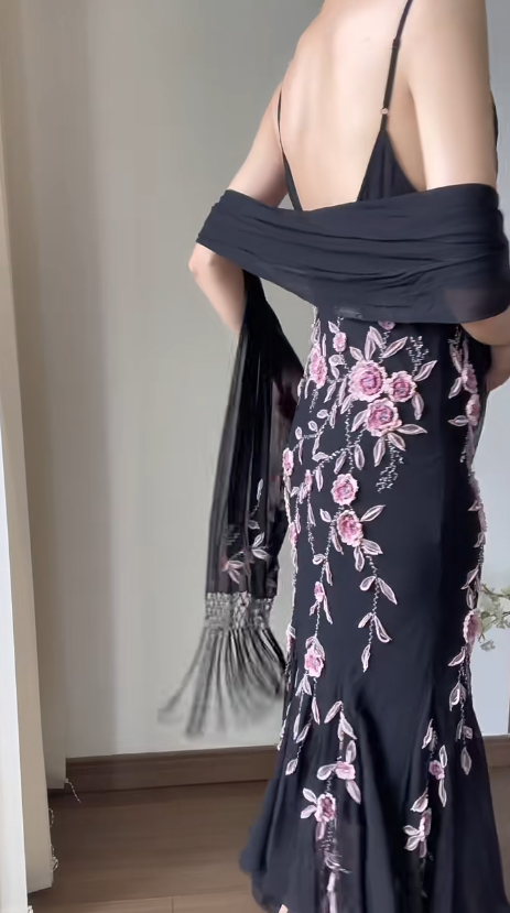 Chiffon Black Prom Party Dress With 3D Flowers Vintage Flora Evening Dress