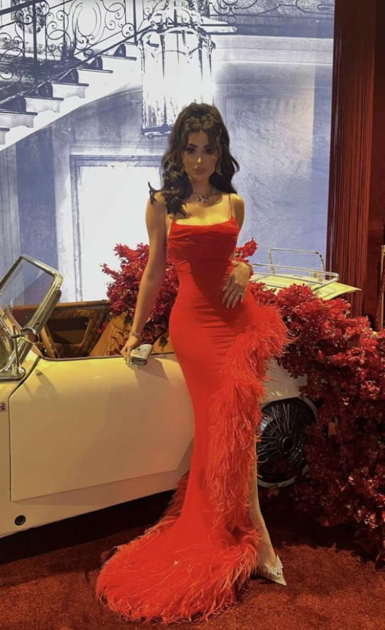Sexy Mermaid Red Straps Long Prom Dress,Formal Evening Dress With Feathers