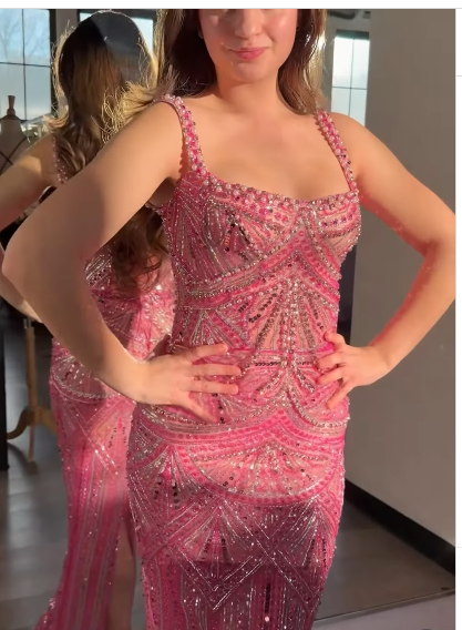 Gorgeous Pink Spaghetti Straps Sequin Beaded Long Evening Dress Formal Party Gown