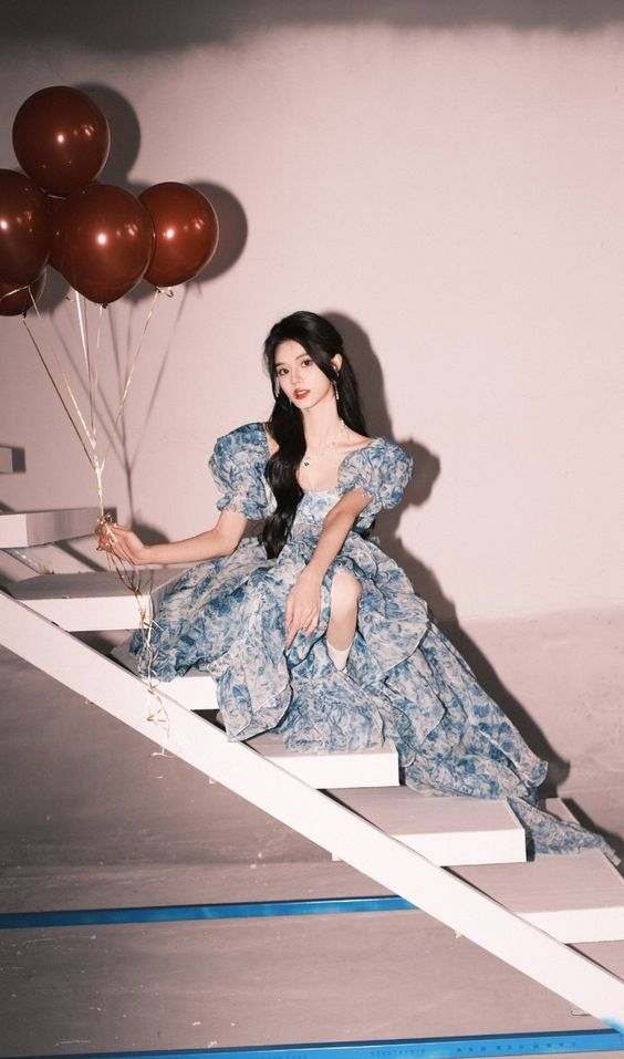 Beautiful High Low Blue Chiffon Floral Prom Dress Fairy Long Evening Dress