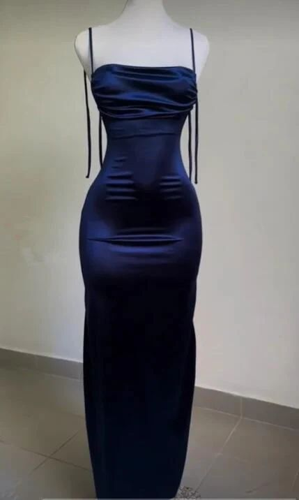 Spaghetti Straps Sheath Prom Dress Navy Blue Backless Party Evening Dress