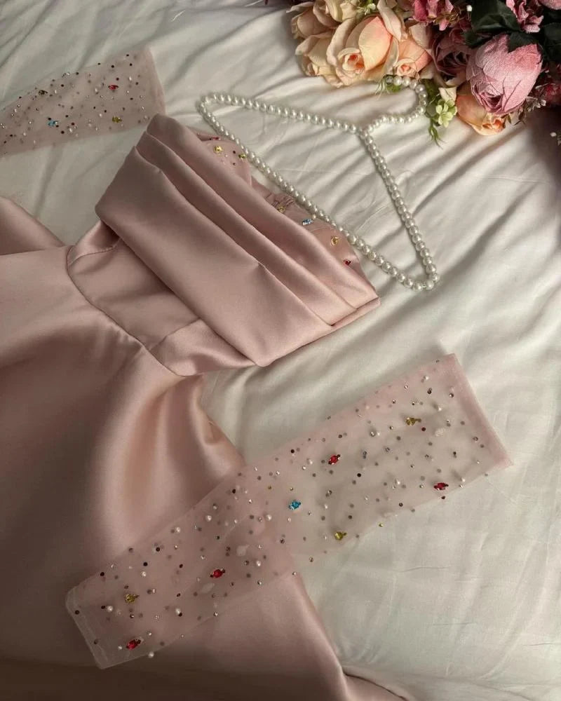 Modest A line Sweetheart Satin Pink Ruffles Long Prom Dress Evening Dresses