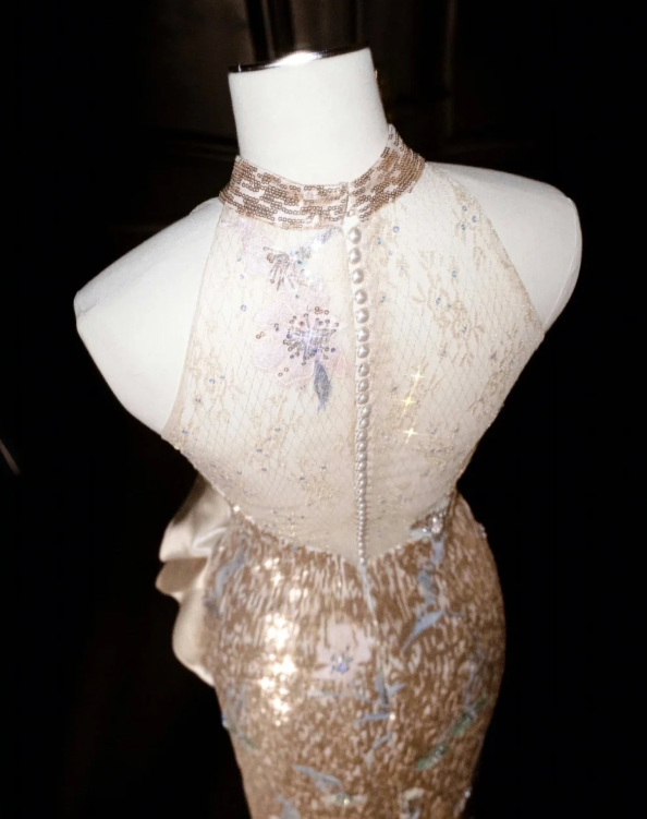 Champagne Sequin Prom Party Dress Shiny Evening Dress Birthday Outfit