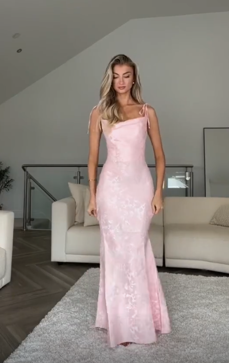 Pretty Straps Floral Print Prom Evening Gown Pink Mermaid Party Dress