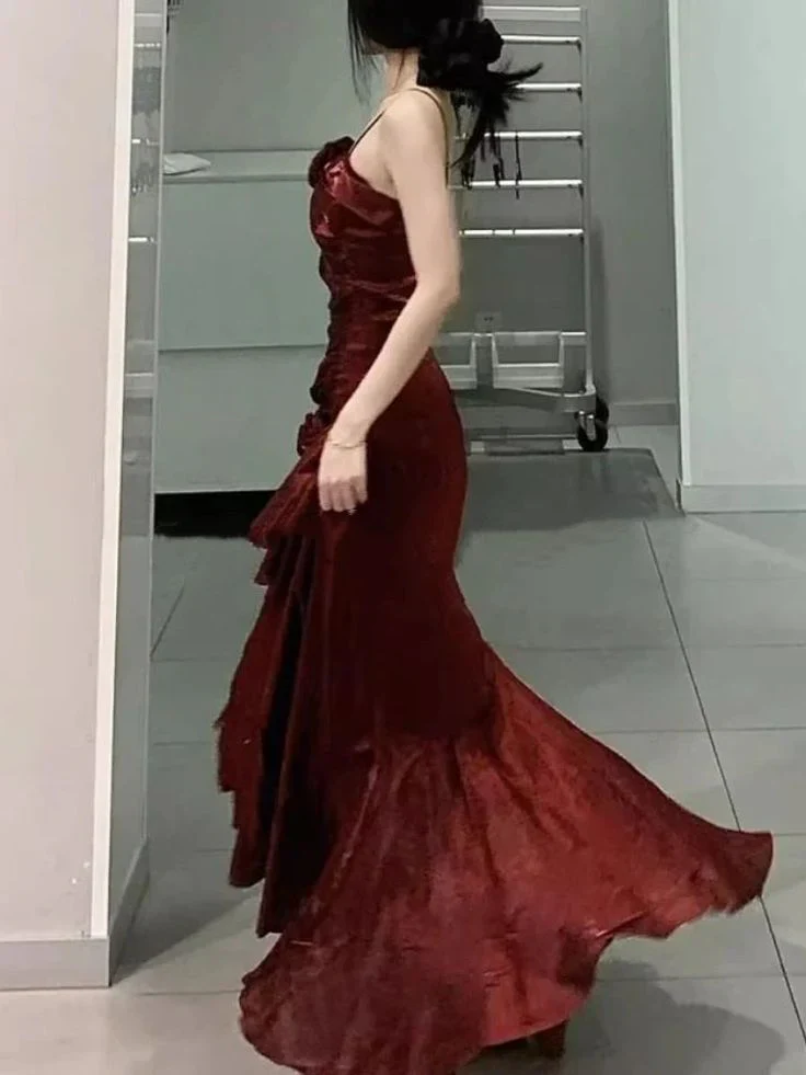 Elegant Mermaid Ruffles Spaghetti Straps Prom Dress With Flower,Formal Party Evening Dress