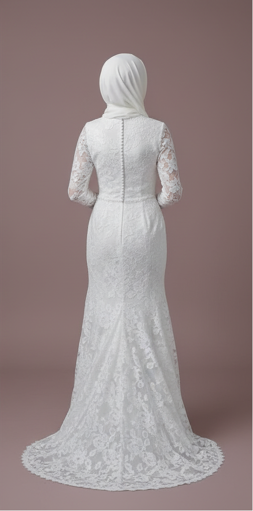 Modest Muslim Wedding Gown for Women, Long Sleeves, Floral Details, Tulle