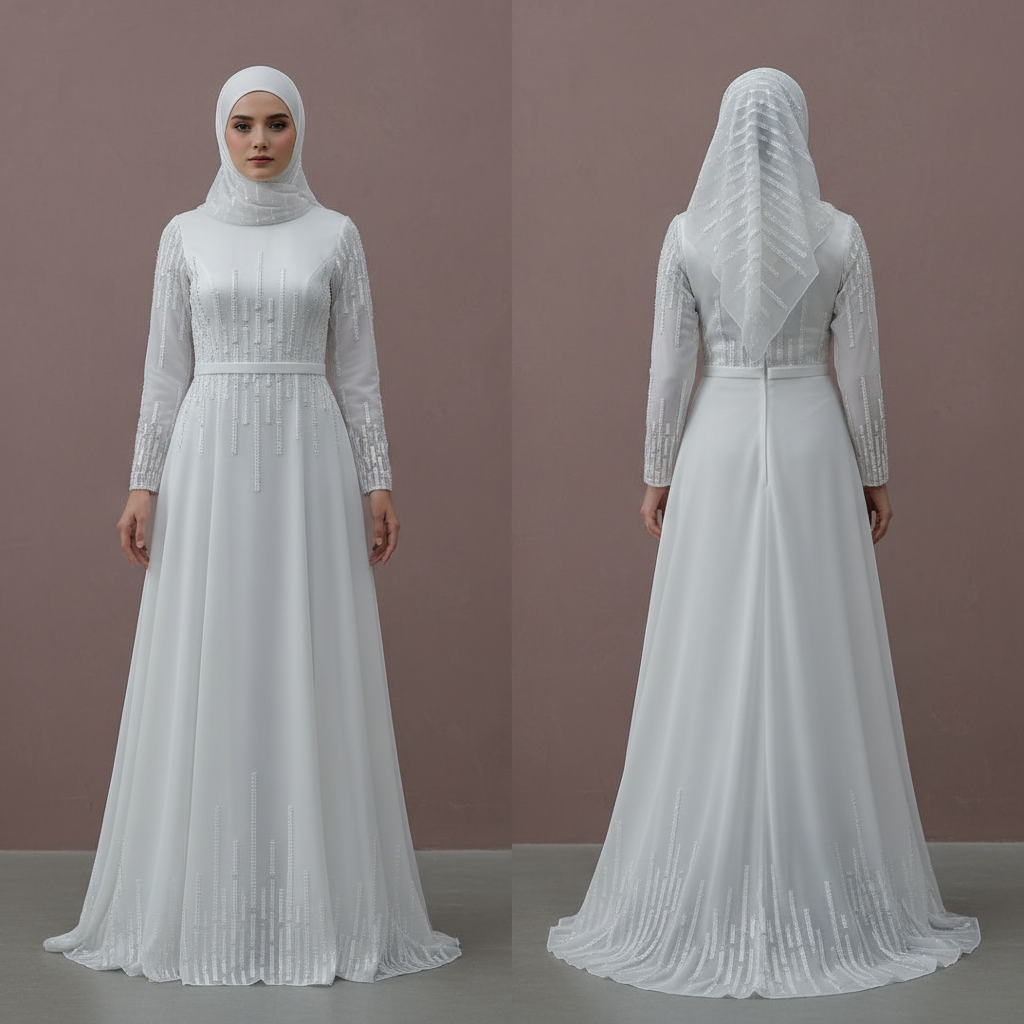 Custom Made Arabic Muslim Bridal Gown with Full Sleeves and Tulle