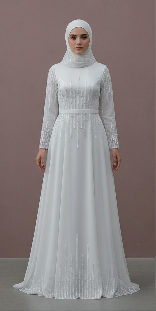 Custom Made Arabic Muslim Bridal Gown with Full Sleeves and Tulle WHITE