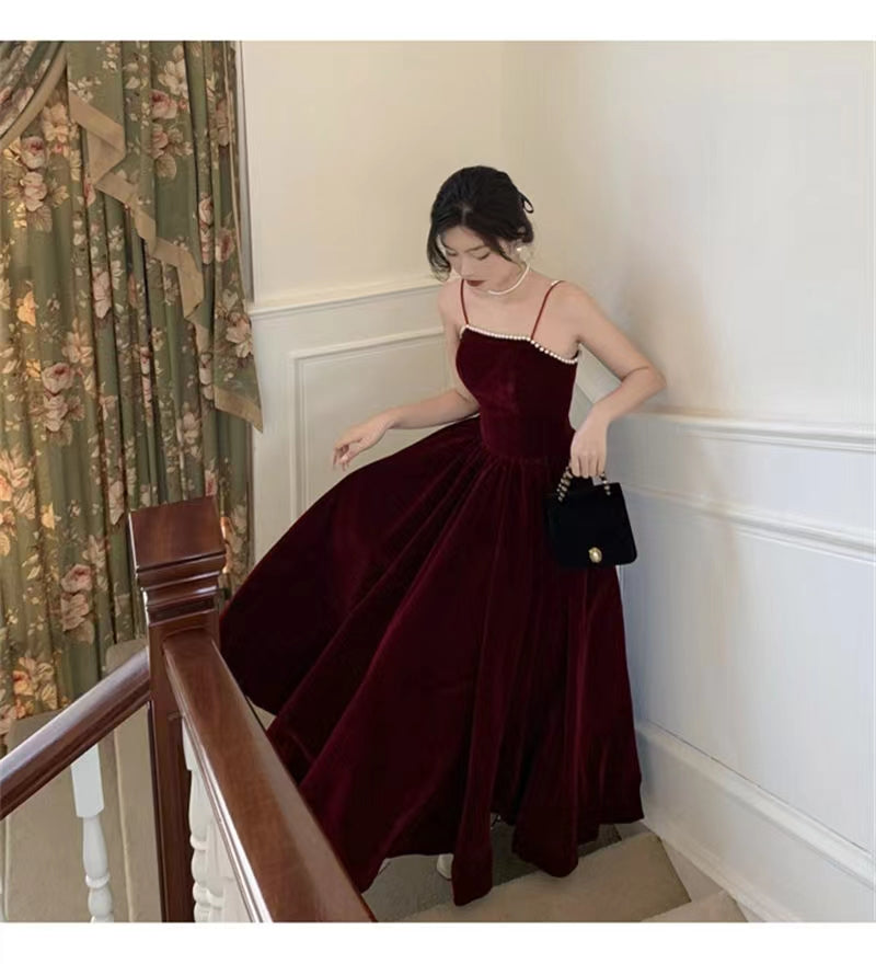 Spaghetti Straps Burgundy Velvet Prom Dress Simple Prom Dress Party Dress