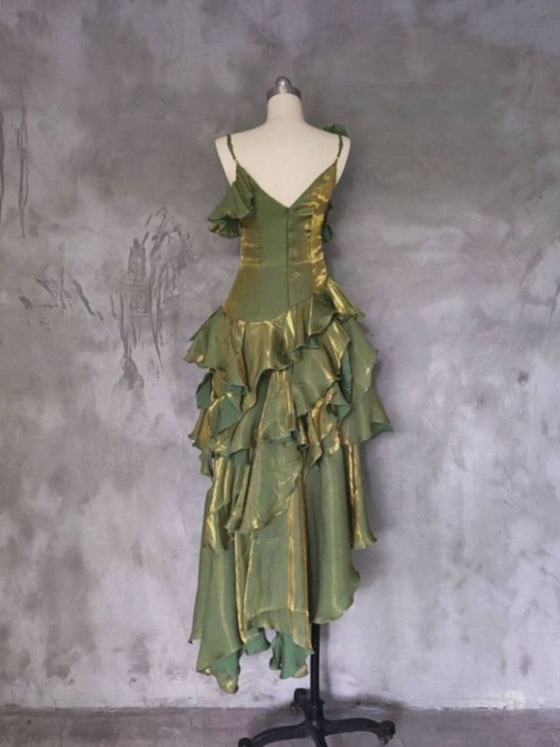 Vintage Green Asymmetrical Layered Flounce Spaghetti Strap Prom Dress Evening Gown
