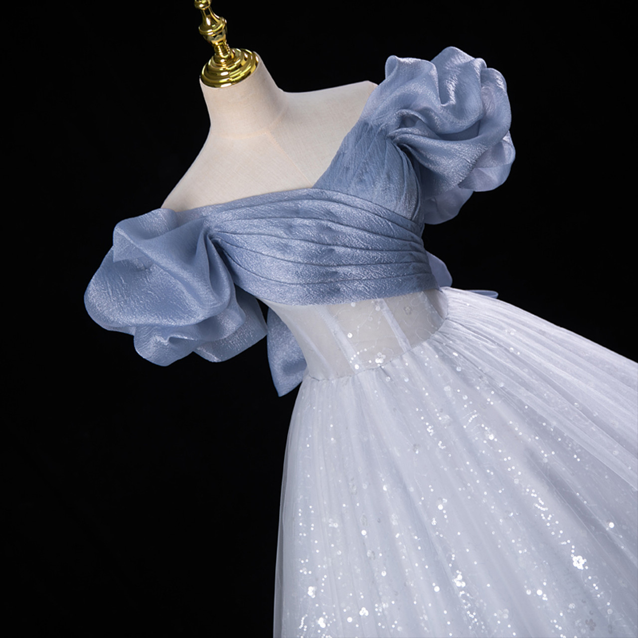 Fairy Blue Tulle Sequins Off the Shoulder Quinceanera Dress Cute Ball Gown With Bow