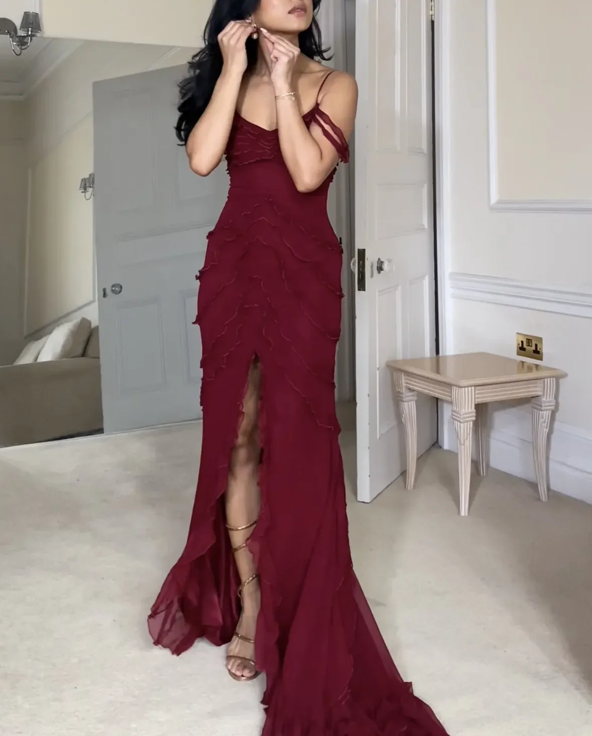 Burgundy Off Shoulder Straps Multi-layered Ruffles Long Prom Dress Chiffon Evening Dress
