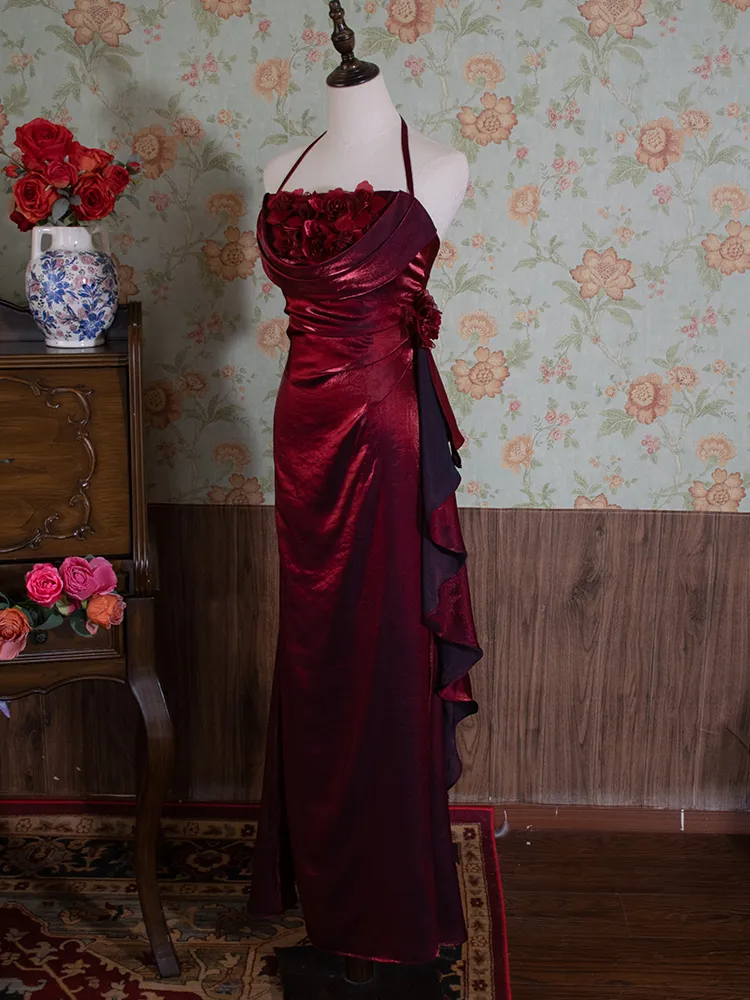 Vintage Burgundy Floral Long Prom Dress Halter Party Evening Gown