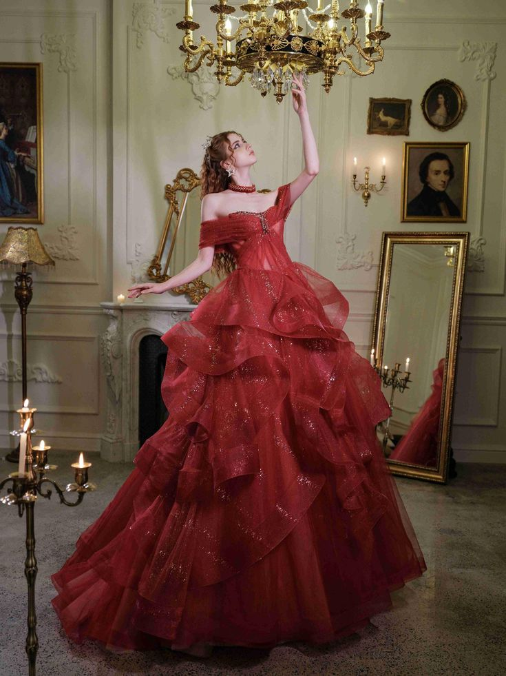 Glitter Off-Shoulder Evening Gown, Red Tulle Beaded Ball Gown Fairy Quinceanera Dress
