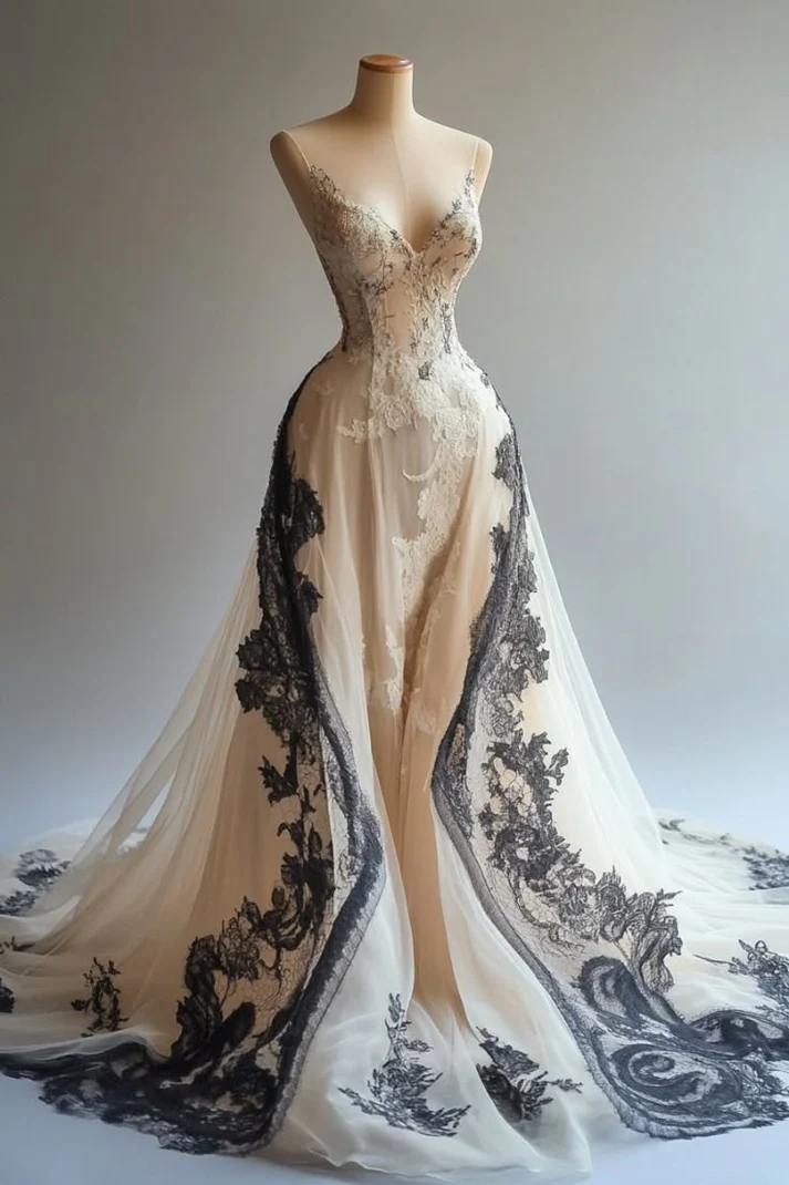 A Line Spaghetti Strap Lace Appliques Ivory Chiffon Prom Dress Graduation Prom Dress