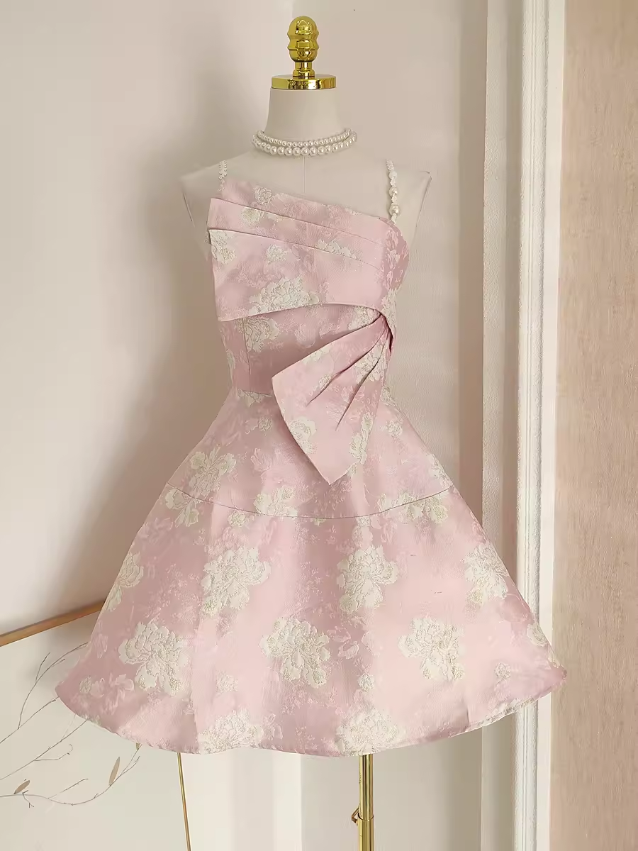 Cute A line Spaghetti Straps Pink Satin Holiday Dresses Short Birthday Dress