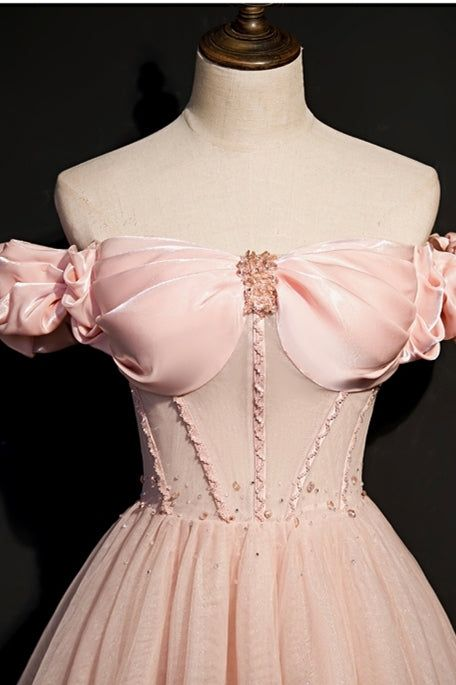 Lovely Pink Off The Shoulder Tulle Beading Prom Dress A Line Party Evening Dress