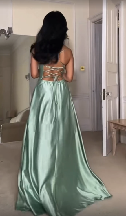 Sexy Slit Satin Evening Dress Spaghetti Straps A Line Prom Dress