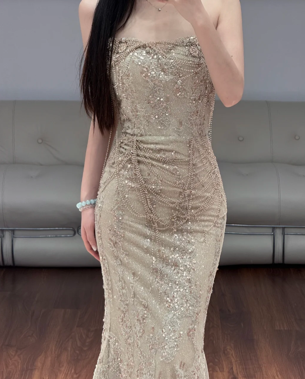 Sequins Lace Prom Party Dress Mermaid Evening Dress With Beading