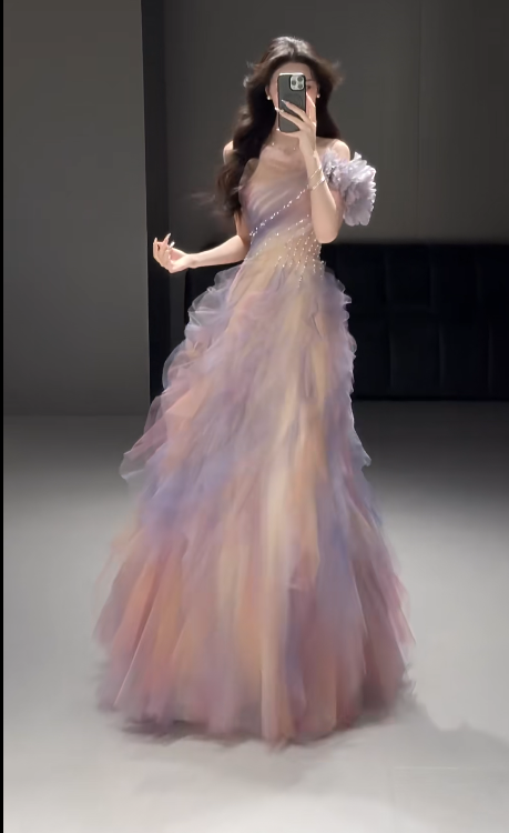 Gradient Pink Lilac Tulle Prom Party Dress Evening Dress Birthday Outfit