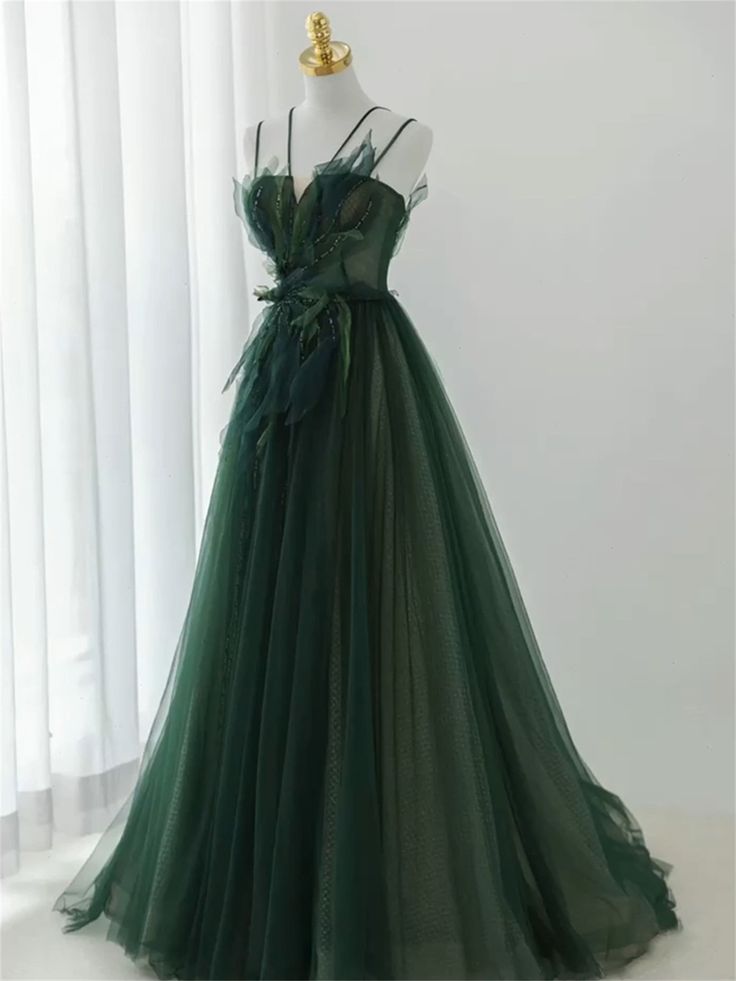 Ball Gown Spaghetti Straps Floor Length Dark Green Long Prom Dresses
