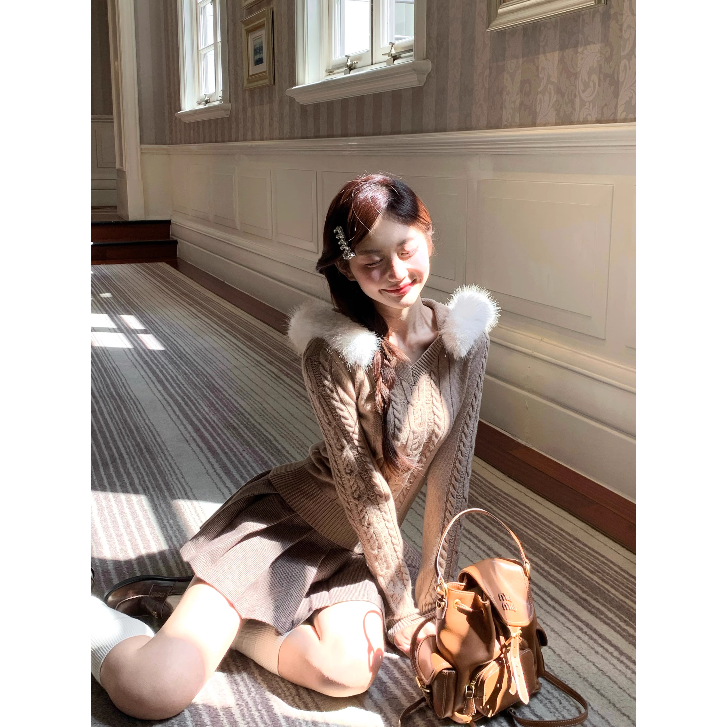 Brown hooded cable knit sweater with fur collar for young girls A156