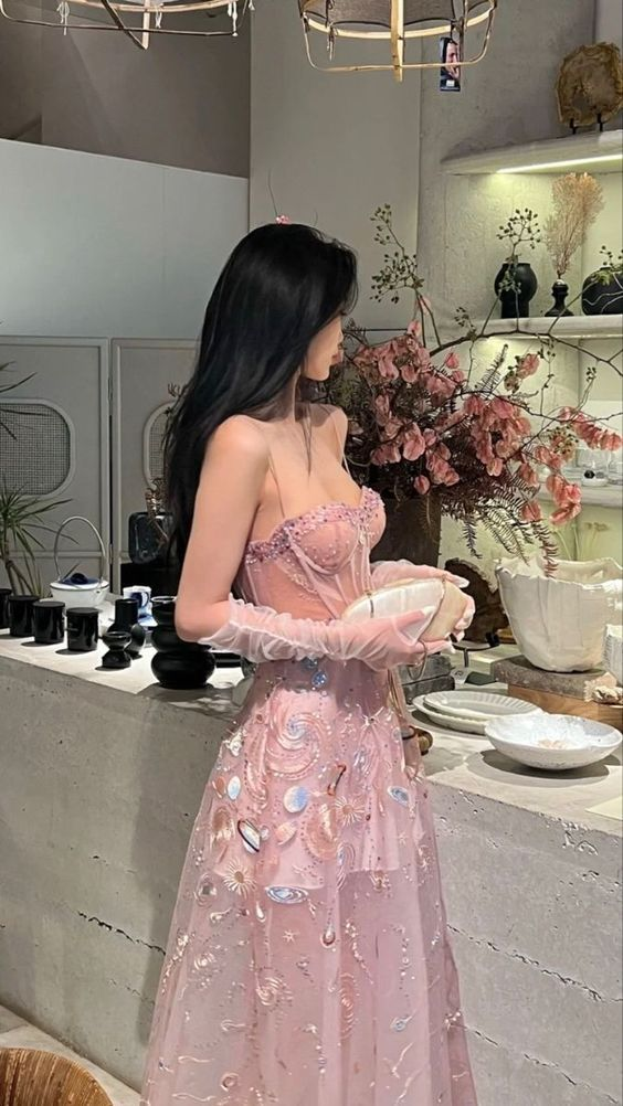 Unique A Line Long Party Evening Dress Pink Lace Prom Dress
