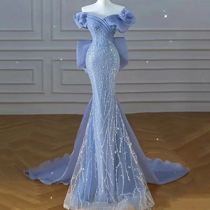 Sparkly Blue Prom Dresses With Bow Sequins Off The Shoulder Formal Party Dress