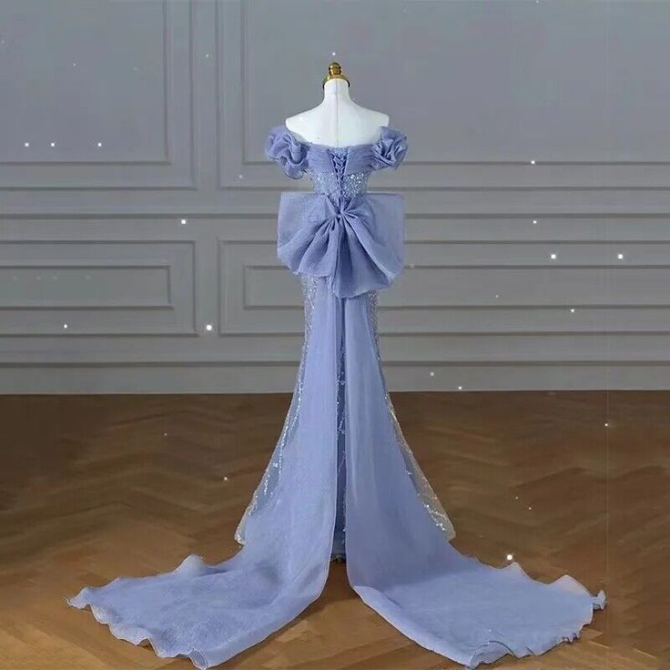 Sparkly Blue Prom Dresses With Bow Sequins Off The Shoulder Formal Party Dress