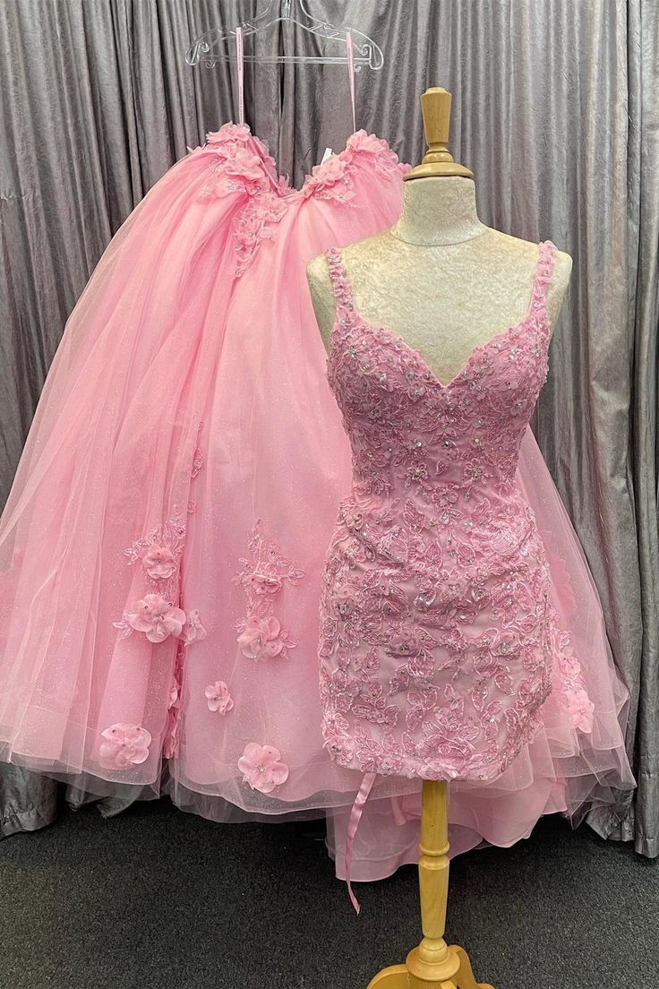 Chic Pink Tulle Floral Appliques Quinceanera Dress Two-Wear Ball Gown