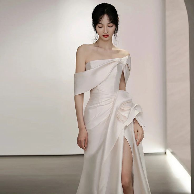 Vintage Off Shoulder Satin Wedding Dress White Mermaid Long Prom Dress with Slit