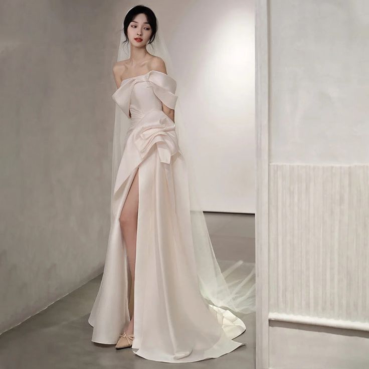 Vintage Off Shoulder Satin Wedding Dress White Mermaid Long Prom Dress with Slit