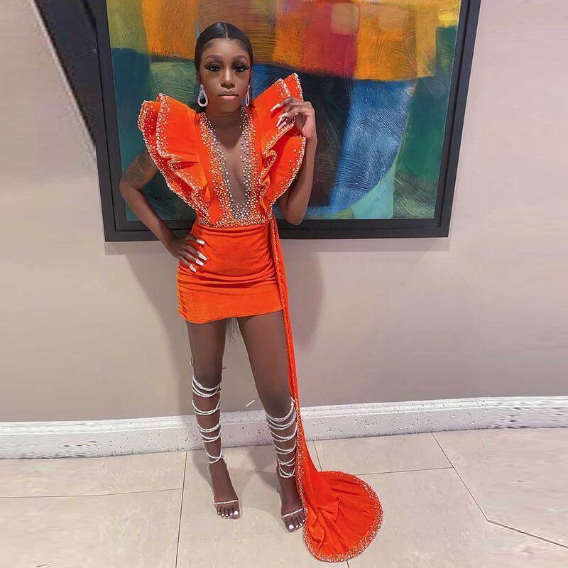 Orange Velvet Short Prom Dress Beaded Ruffle Sleeve Real Picture African Dark Skin Girl Party Dress