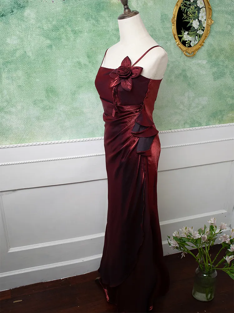 Burgundy Vintage Floral Embellished Evening Gown Charming Party Evening Dress