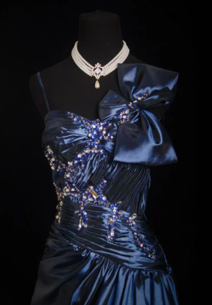 Chic A Line Spaghetti Straps Navy Satin Beaded Long Prom Dress, Evening Dress