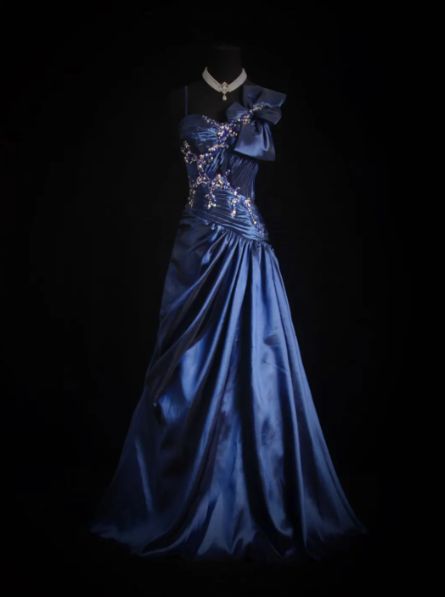 Chic A Line Spaghetti Straps Navy Satin Beaded Long Prom Dress, Evening Dress