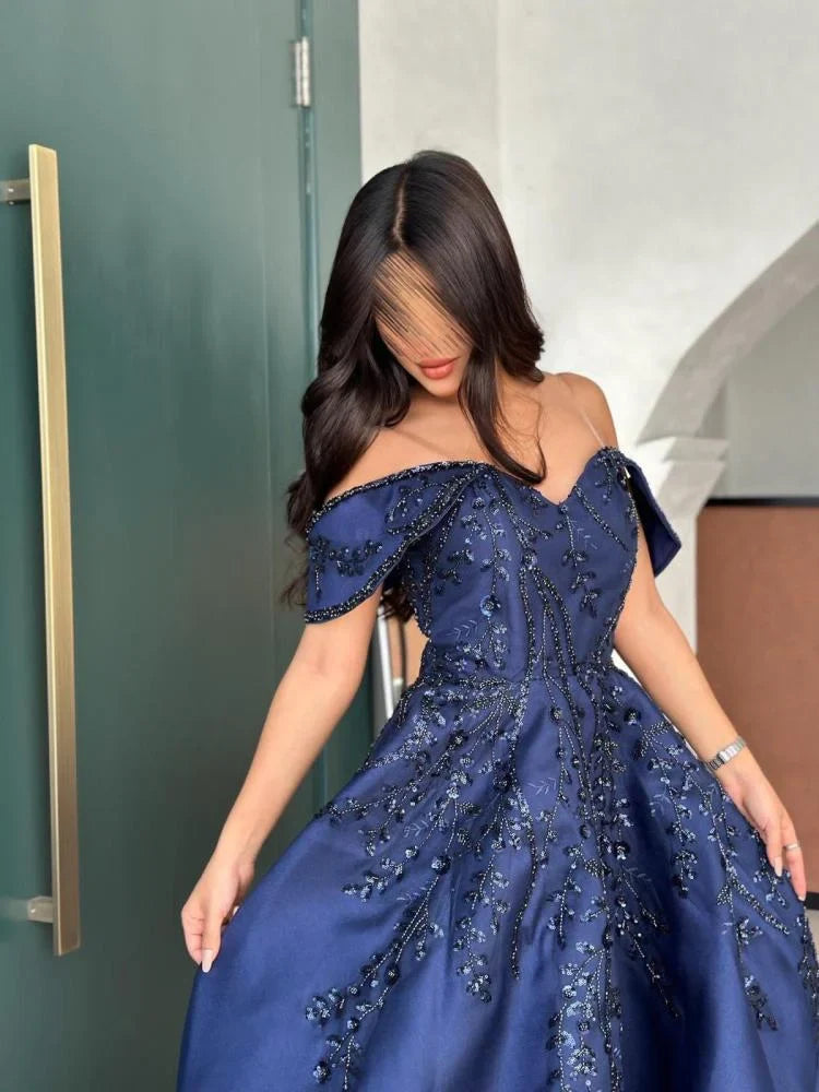 Vintage A line Off The Shoulder Navy Blue Satin Lace Long Evening Dress Prom Dresses