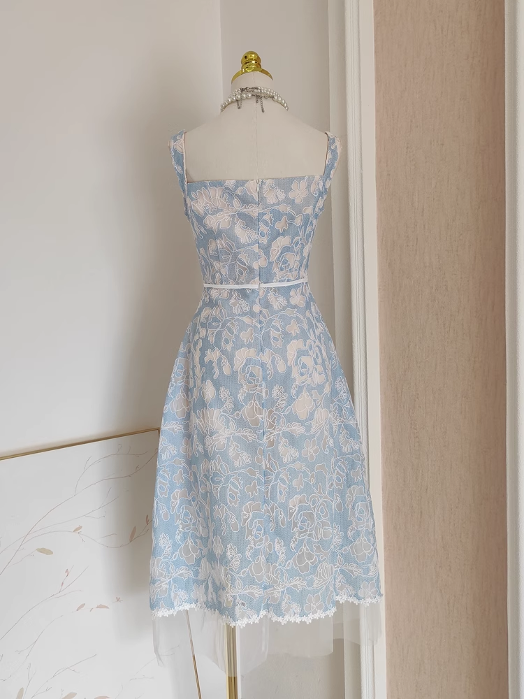 Simple A line Straps Sleeveless Blue Lace Party Dress Holiday Birthday Dresses For Women