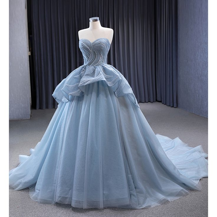 High-End Blue Beading Tulle Cascading Ruffles Prom Dress New Ball Gown