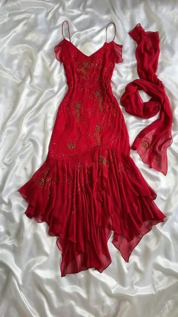 Red Chiffon Beaded Long Prom Dress Mermaid Evening Dress