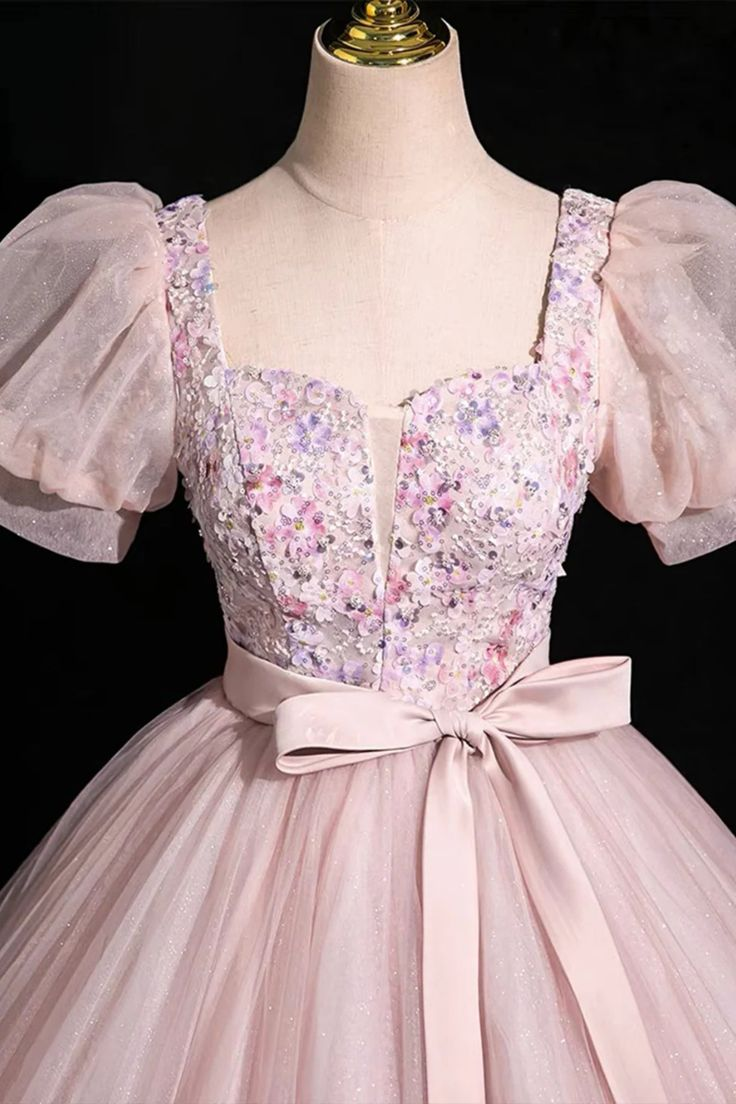 Pink Short Sleeves Floor Length Tulle Long Prom Dress, Long Pink Tulle Formal Evening Dress