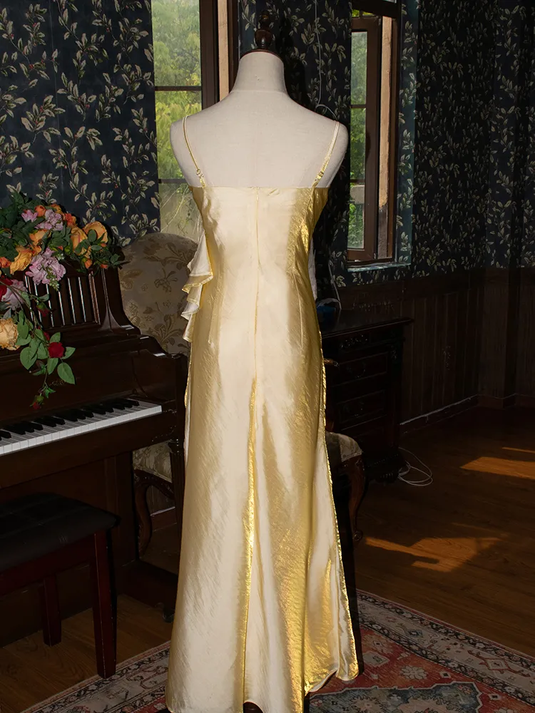 Vintage Yellow Floral Embellished Evening Gown Fairy Princess Party Evening Dress