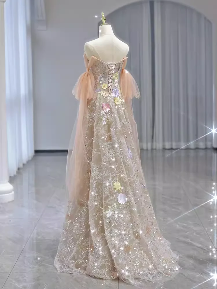 A line Straps Floral Lace Long Evening Dress Prom Dress