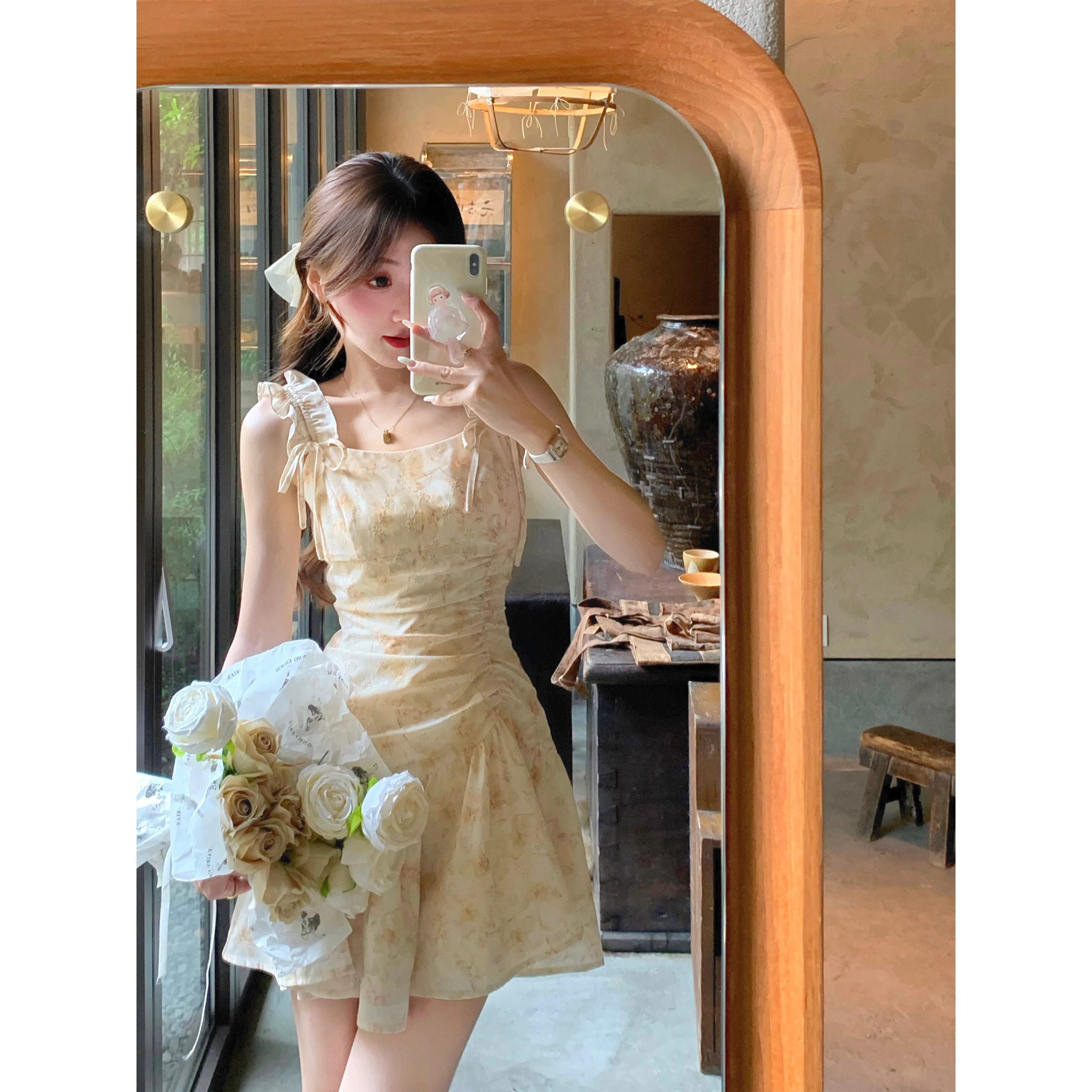 French-style yellow floral dress A40