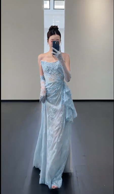 Blue Lace Mermaid Long Prom Dress Sexy Evening Dresses With Side Split
