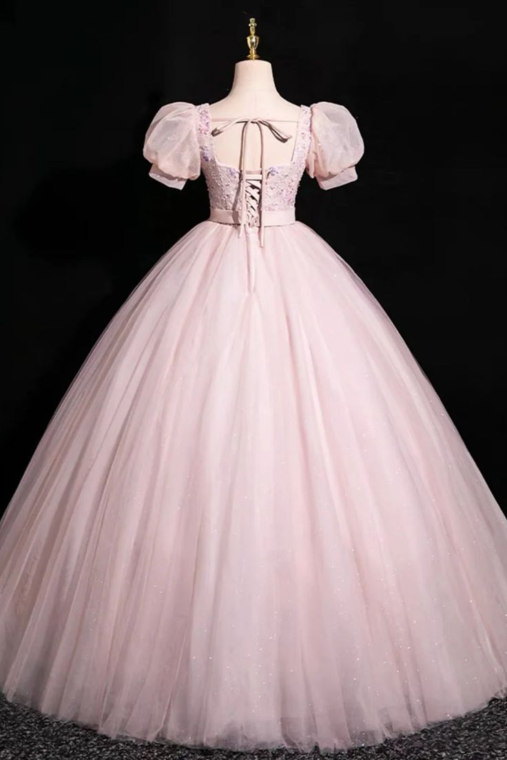 Pink Short Sleeves Floor Length Tulle Long Prom Dress, Long Pink Tulle Formal Evening Dress