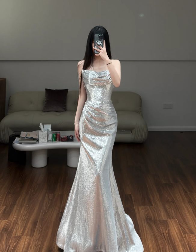 Silver Mermaid Prom Party Dress Evening Dress Birthday Outfit